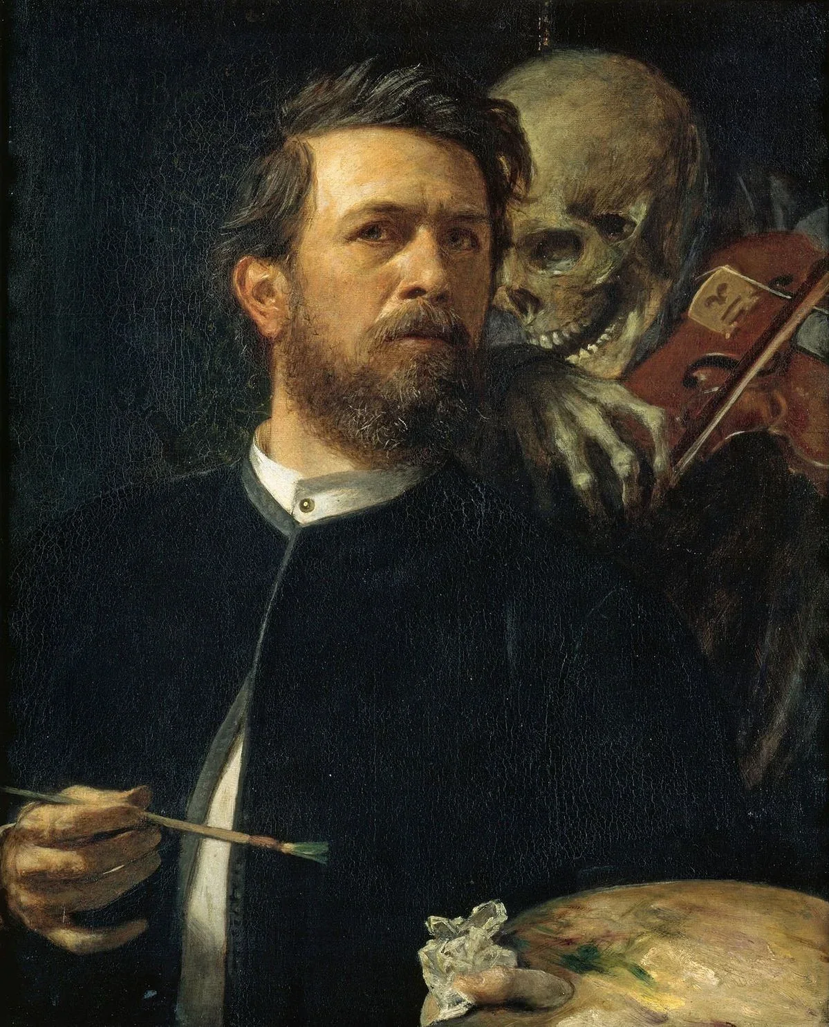 Autorretrato com a Morte tocando violino, de Arnold Böcklin: o pintor segura o pincel enquanto um esqueleto toca violino sobre seu ombro