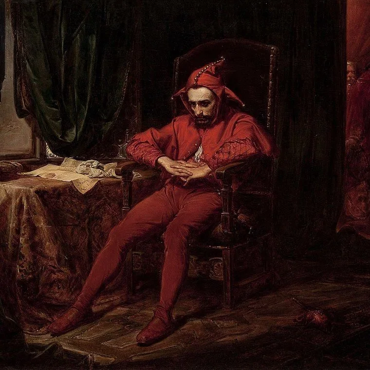 Stańczyk, de Jan Matejko: o bobo da corte vestido de vermelho, abatido numa poltrona enquanto um baile acontece ao fundo