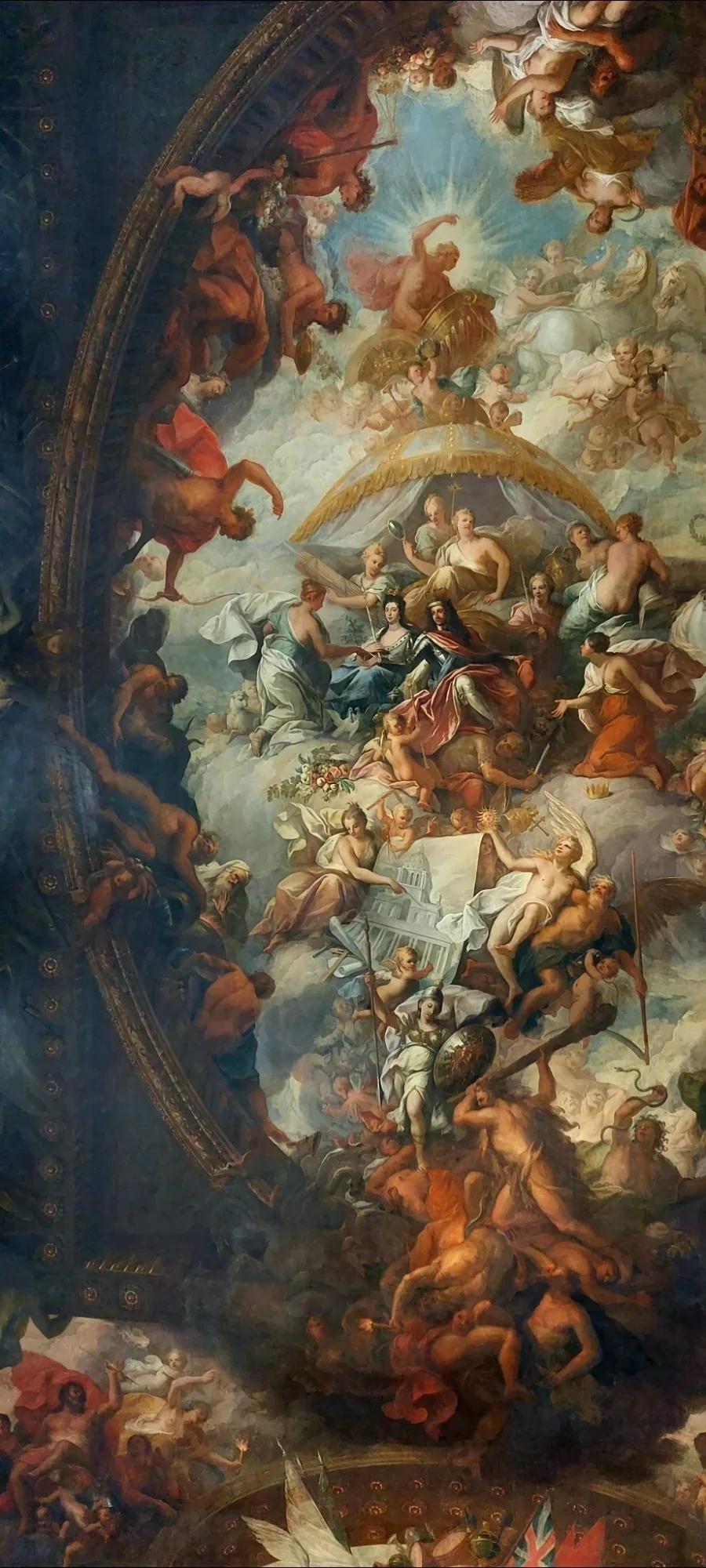 Detalhe do teto do Painted Hall de Greenwich, de James Thornhill: céu repleto de figuras alegóricas, anjos e um dossel dourado